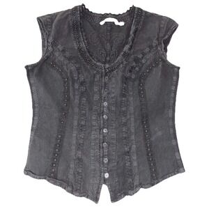 Soft Surroundings Taos Blouse PS Black Cap Sleeve Embroidered Coastal Prairie